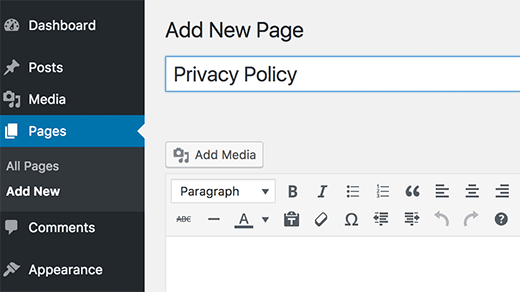 Создание новой страницы с политикой конфиденциальности в WordPress