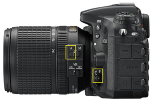 На фотоаппаратах продвинутого уровня переключатель есть и на объективе, и на камере. Буквой М обозначается ручная (Manual) фокусировка. Аббревиатурами A (Auto) или AF (Auto Focus) обозначается автоматическая фокусировка. Для включения автоматической фокусировки оба переключателя должны быть в соответствующем положении.
