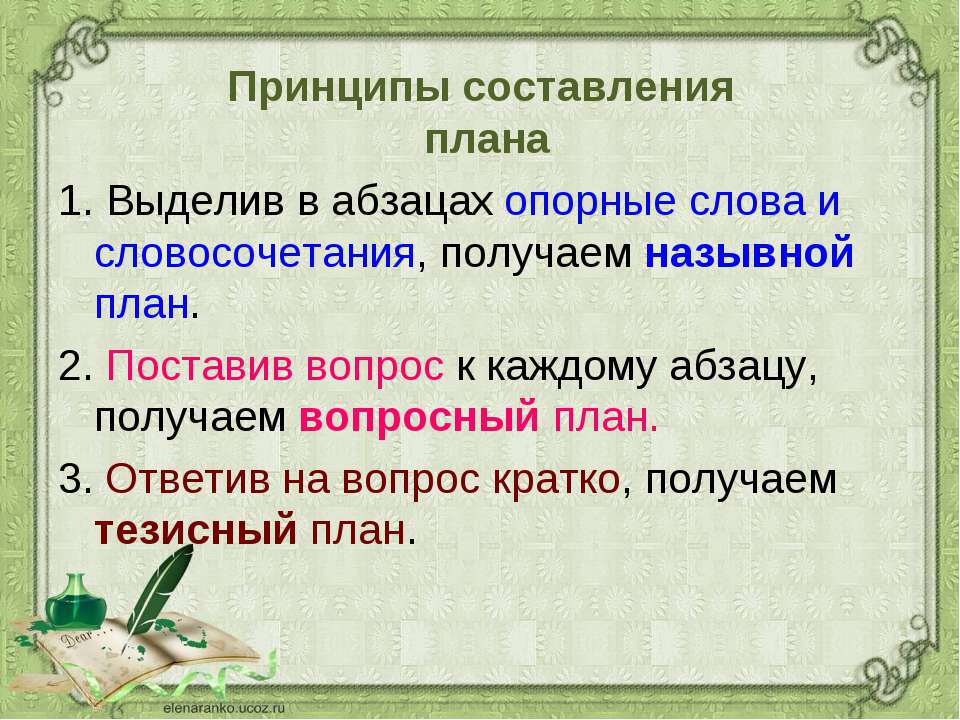 Составить 3 плана. Принципы составления плана текста. План назывной Вопросный тезисный. Опорные слова и словосочетания. Схема составления плана текста.