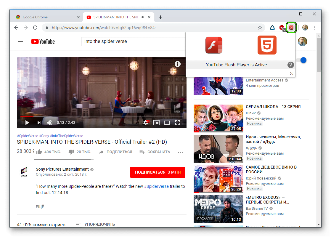 Запуск расширения Flash-HTML5 for YouTube для браузера Google Chrome