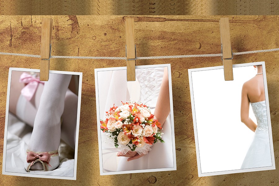 Подвешивание фотографий невесты на бельевых прищепках