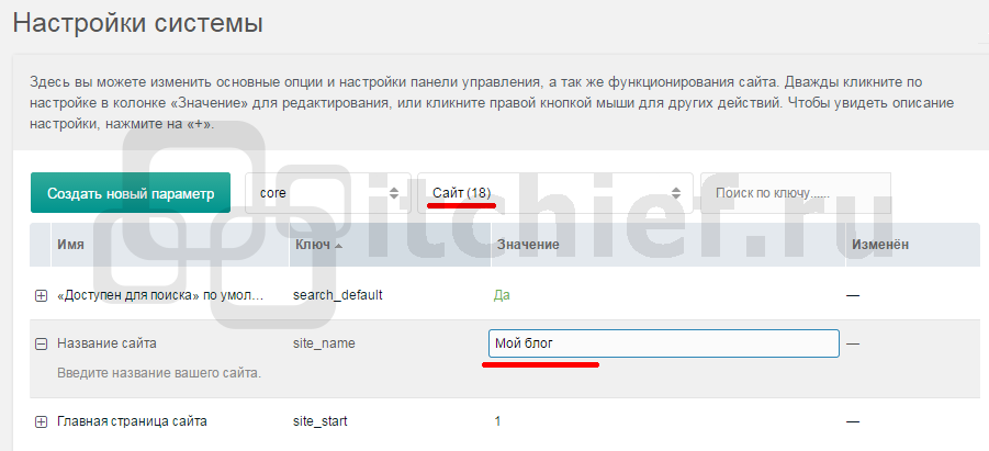 Параметр MODX Revolution для изменения названия сайта