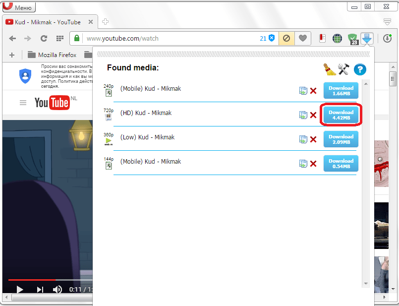 Переход к закачке видео в расширении Flash Video Downloader для Opera