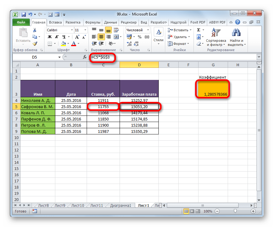 Скопирорванная формула в программе Microsoft Excel