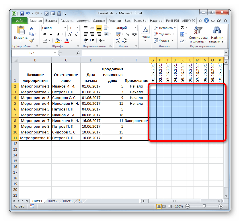 Выделение диапазона ячеек на шкале времени в Microsoft Excel