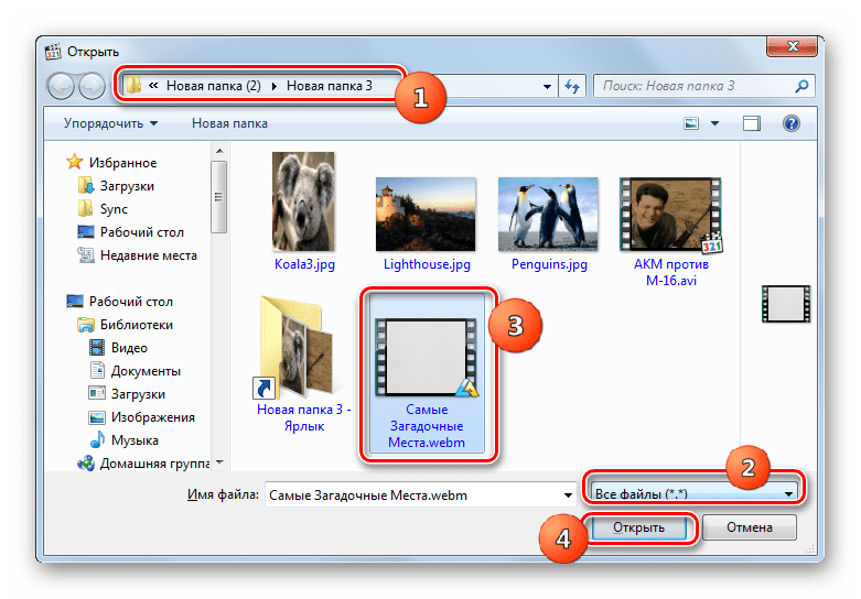Окно Открыть в программе Media Player Classic