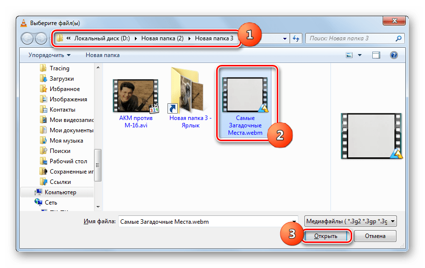 Окно открытия файла в программе VLC Media Player