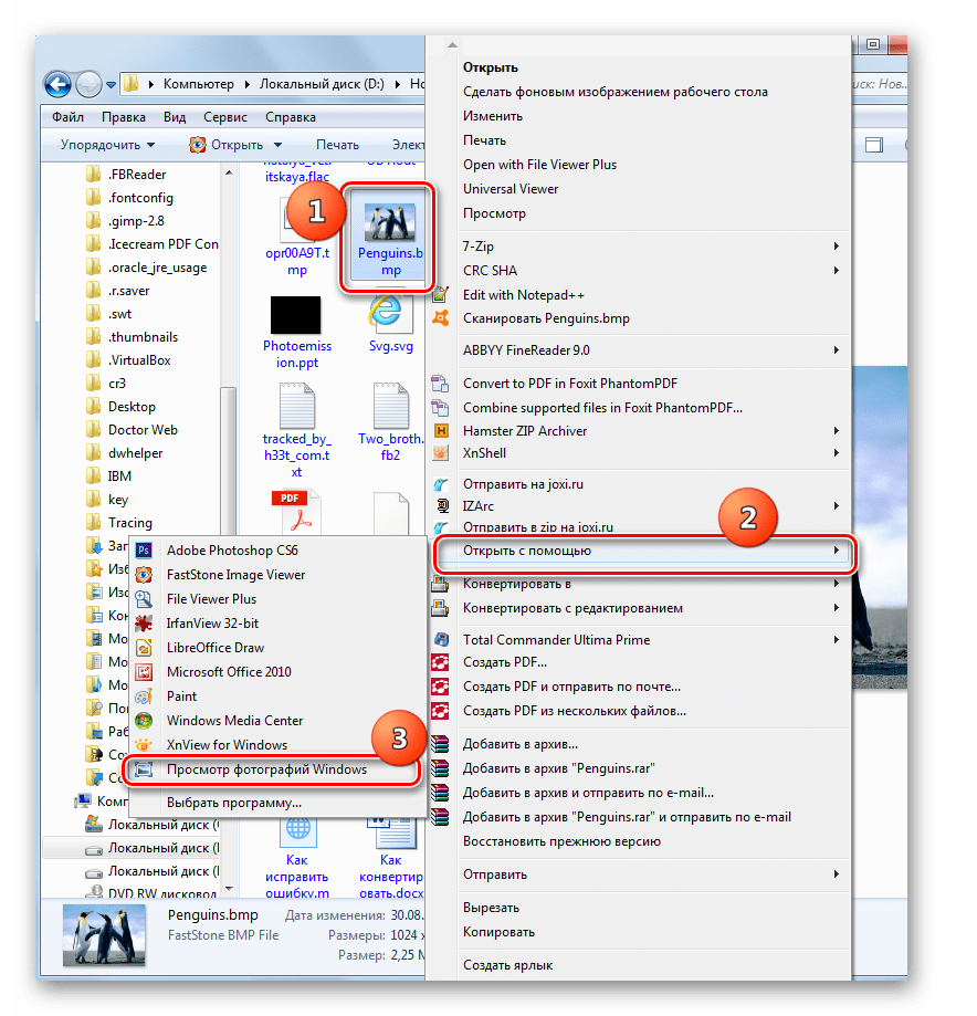 Окно открытия файла BMP с помощью средства для просмотра фотографий Windows через контекстное меню Проводника в Windows 7