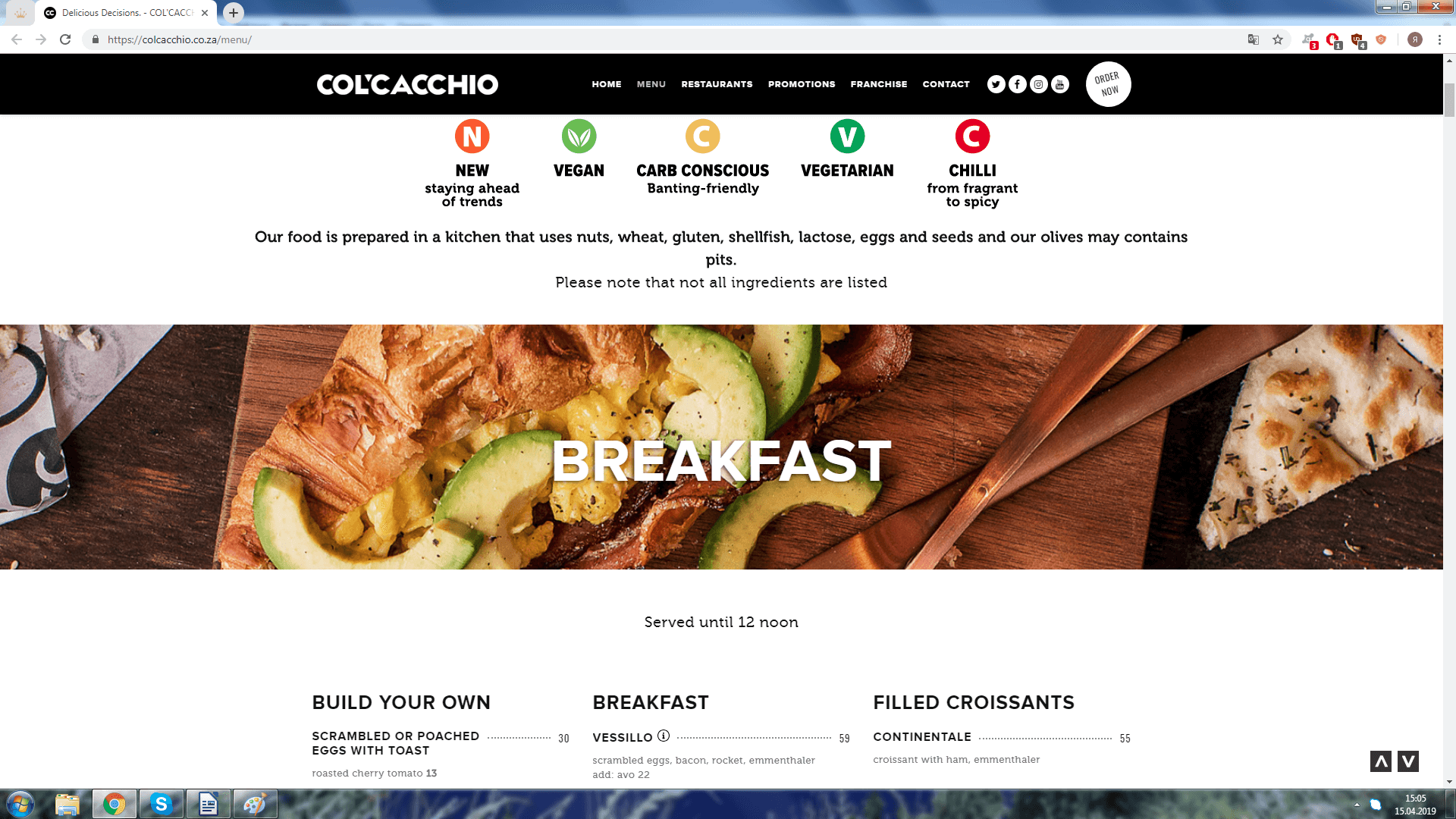 Дизайн меню сайта ресторана Col