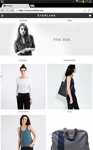 Сайт Everlane на экране планшета