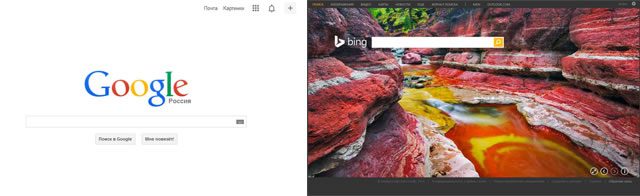 Главные страницы поисковых систем Google и Bing